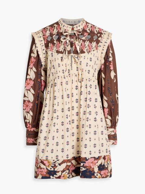 FARM RIO Pintucked printed cotton-voile mini dress