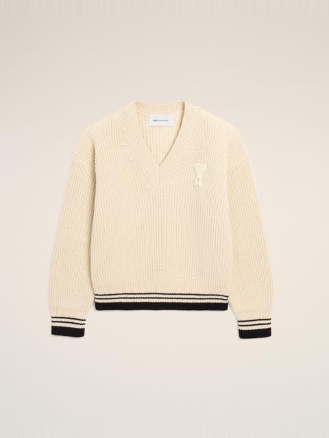 AMI Paris WHITE RIBBED WOOL V NECK AMI DE COEUR SWEATER