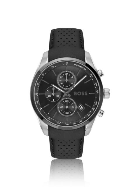 BOSS BLACK-PLATED CHRONOGRAPH WATCH WITH GRAY LEATHER STRAP