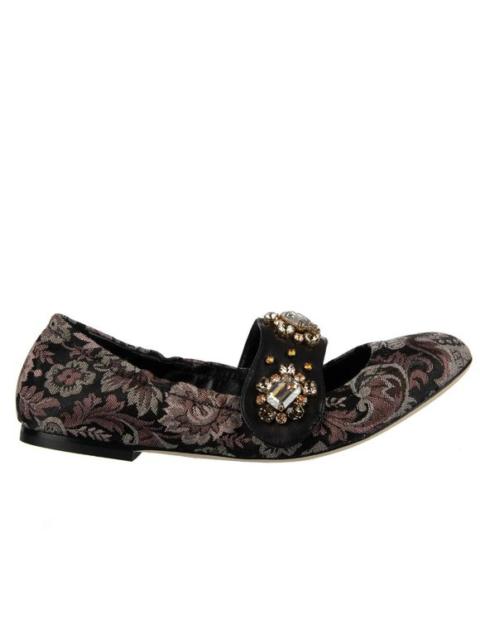 Dolce & Gabbana Brocade Ballet Flats VALLY with Crystals Black 38.5 US 8.5 08203