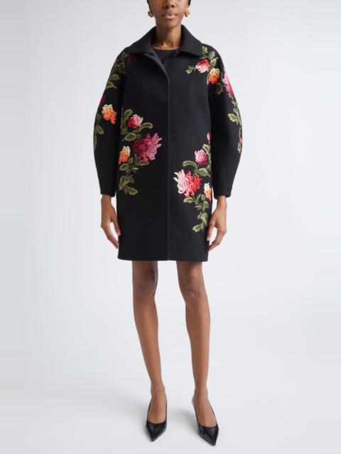 CAROLINA HERRERA Carolina Herrera Chrysanthemum Embroidered Double Face Virgin Wool Cocoon Coat in Black Multi at Nor