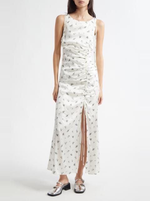 GANNI Ganni Printed Ruched Satin Maxi Dress in Egret at Nordstrom