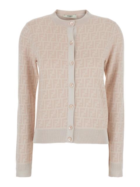 FENDI Fendi Women Pink Crewneck Cardigan With All-Over Ff Motif In Wool Woman