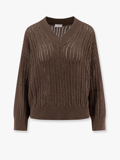 Brunello Cucinelli Cotton Openwork Rib Sweater With Monili Detail