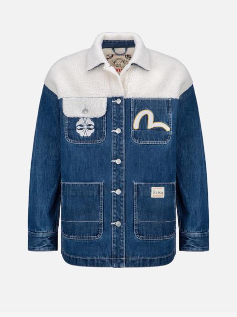 EVISU KAMON PRINT SHERPA MIXED DENIM SHIRT JACKET
