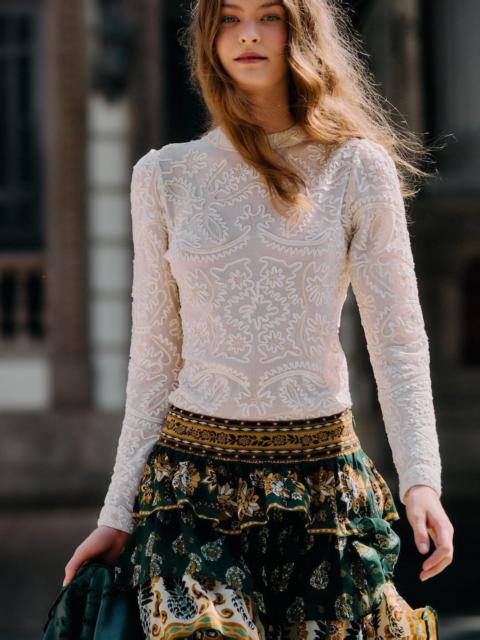 FARM RIO Off-White Embroidered Crew Neck Long Sleeve Blouse