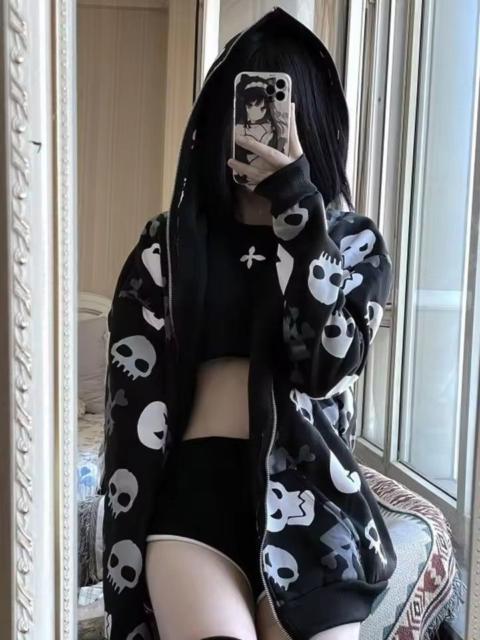 Other Designers Japanese Brand - Y2K Skull Crossbone All-Over Print Full Zip-Up Hoodie
