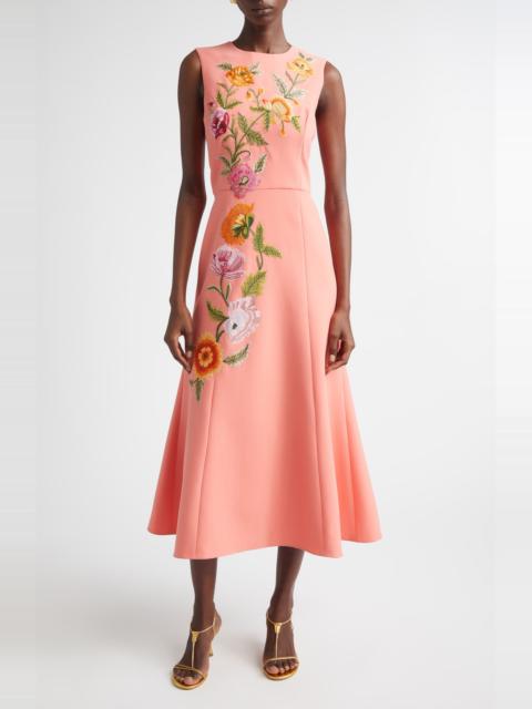 CAROLINA HERRERA Carolina Herrera Poppy Embroidered Stretch Crepe Fit & Flare Dress in Sunset Multi at Nordstrom