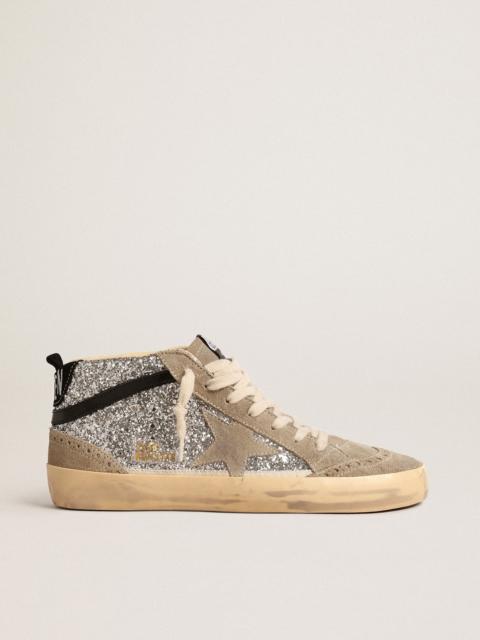 Golden Goose Mid Star in silver glitter with suede star and black flash