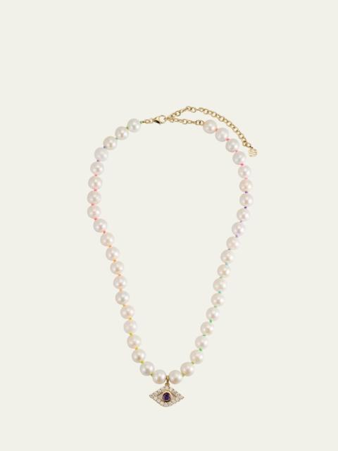 SYDNEY EVAN 14K Gold Bezel Evil Eye Charm Freshwater Pearl Necklace