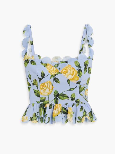 Oscar de la Renta Cropped floral-print cotton-blend poplin peplum top