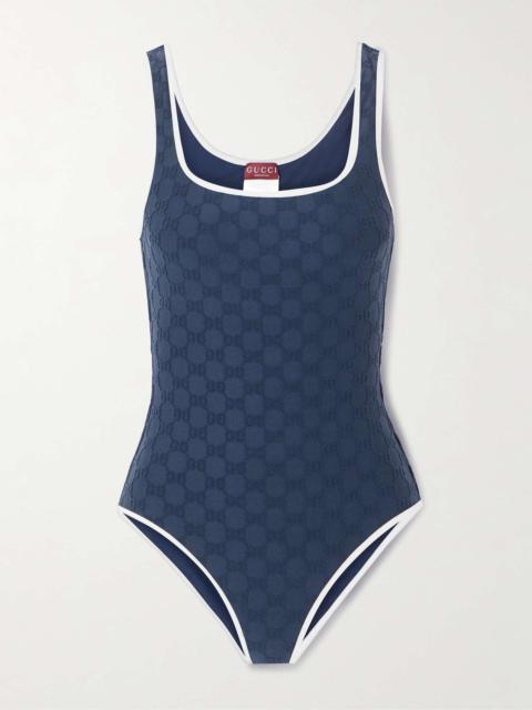 Piped terry-jacquard swimsuit Blue