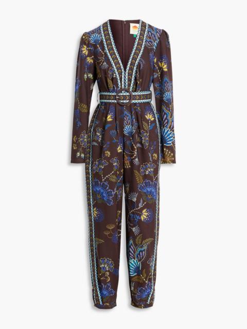 FARM RIO Belted printed cotton-canvas jumpsuit