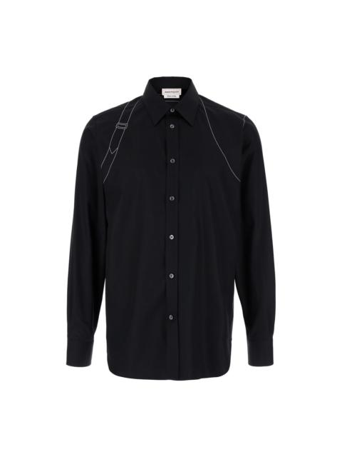 Black Shirt With White Stitchings In Cotton Man