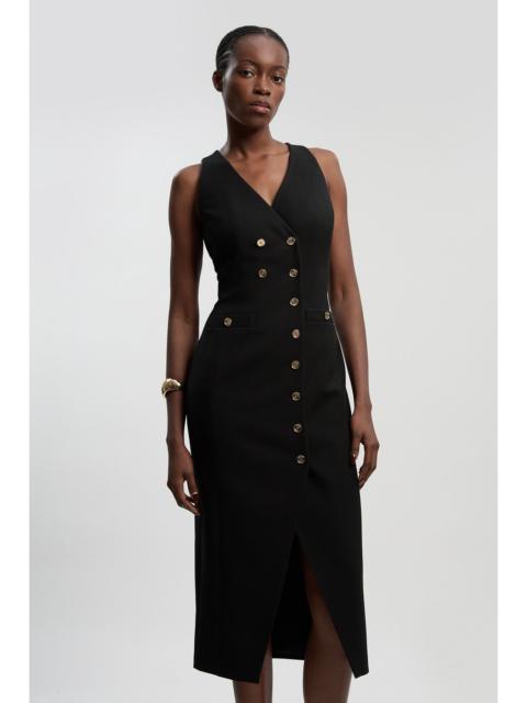 KAREN MILLEN Textured Compact Stretch V Neck Button Detail Midi Dress