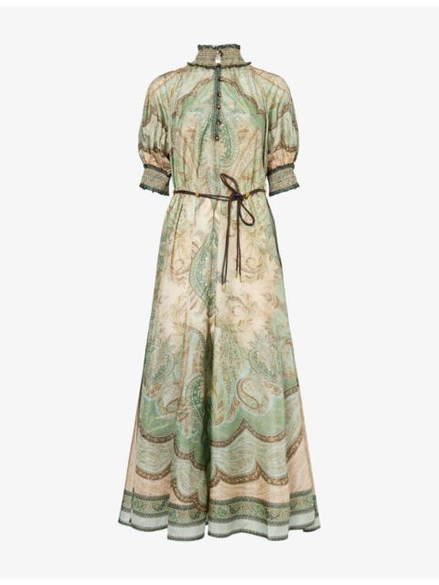 Zimmermann Wanderlust Billow Puffed-Short-Sleeves Silk Midi Dress