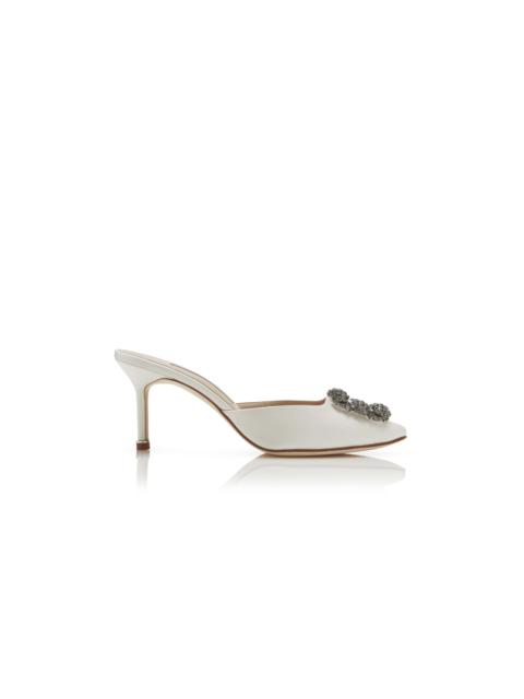 Manolo Blahnik Off-White Satin Jewel Buckle Mules