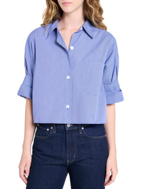 TWP TWP Next Ex Crop Cotton Button-Up Shirt in White/Navy at Nordstrom