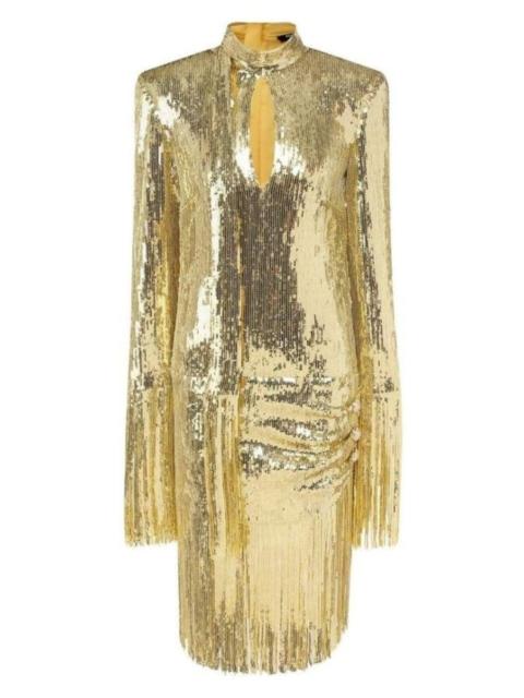 Balmain Gold Sequin Fringed Midi Dress
