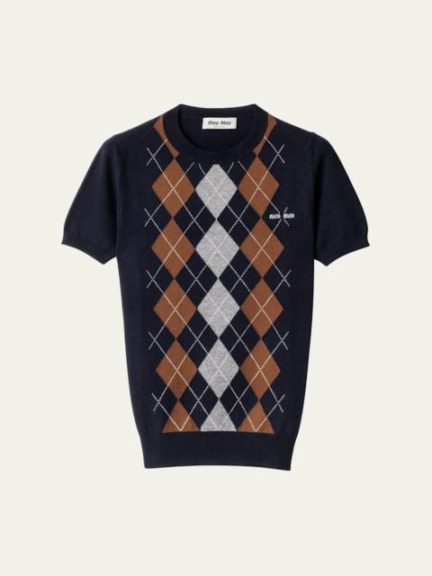 Miu Miu Cashmere Argyle Short-Sleeve Sweater
