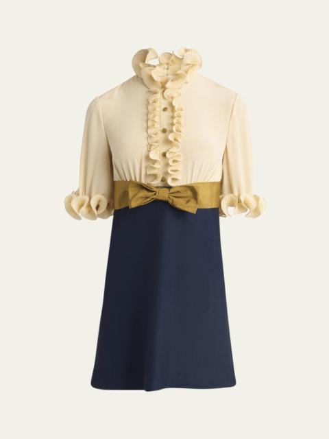 Colorblock High Neck Ruffle Mini Dress with Bow Detail