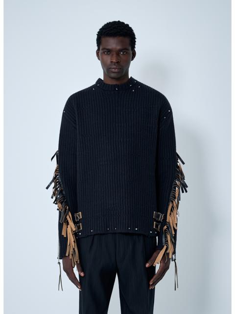 Prada Prada Men Leather Embellished Wool Sweater