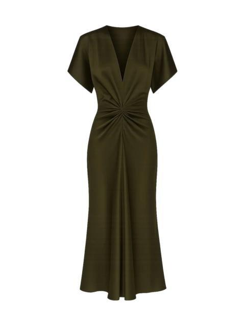 Victoria Beckham BELA V-NECK MIDI DRESS IN OLIVE GREEN