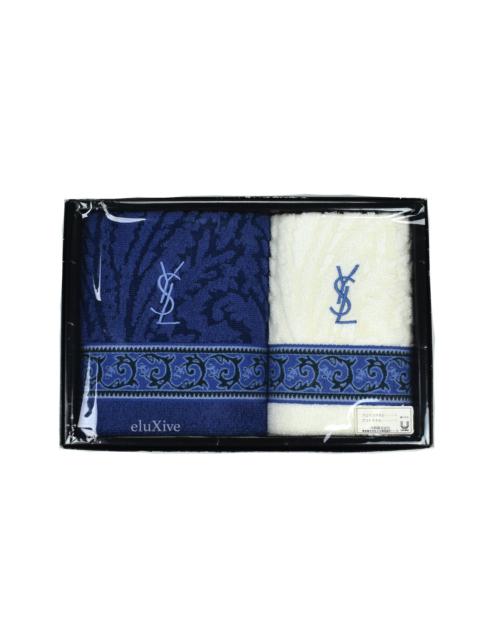 SAINT LAURENT Yves Saint Laurent White/Blue Set of 2 YSL Logo Hand Towels