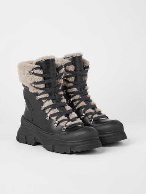 Brunello Cucinelli Matte calfskin and shearling mountain boots with shiny detail