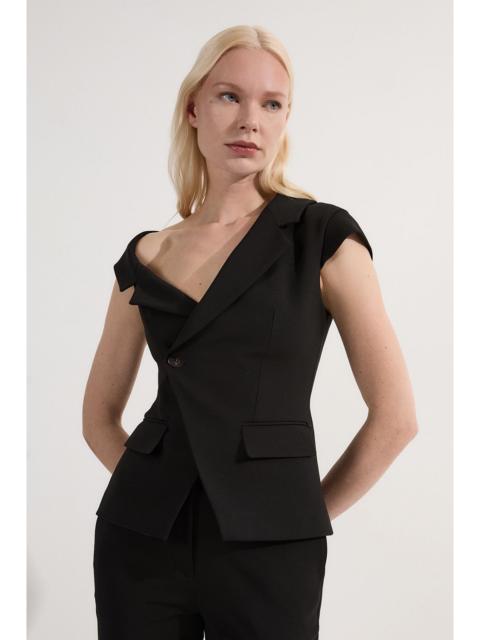 KAREN MILLEN Compact Stretch Asymmetric Collar Belted Tailored Top