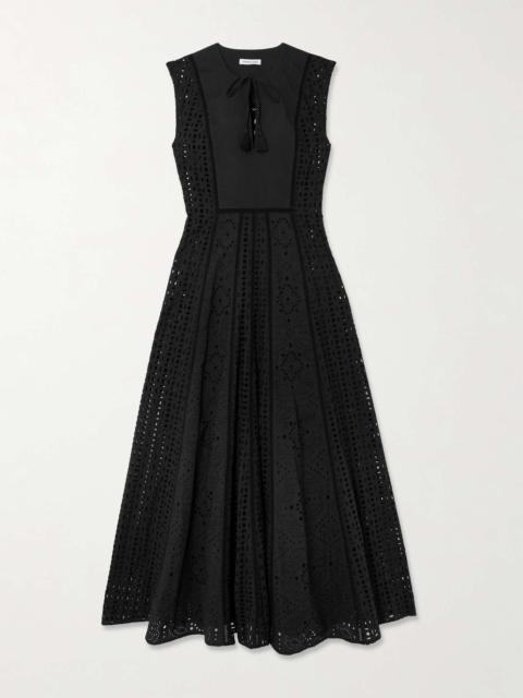 Alina tie-detailed tasseled broderie anglaise cotton maxi dress Black