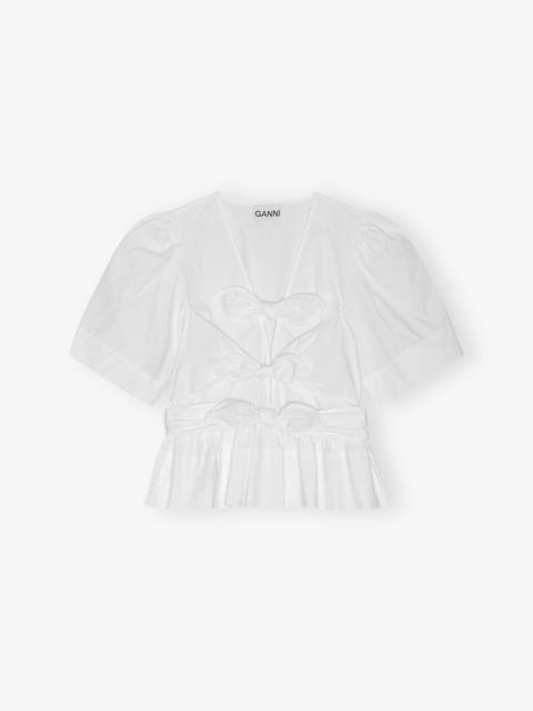 GANNI WHITE WASHED STRETCH COTTON TIE STRAP BLOUSE