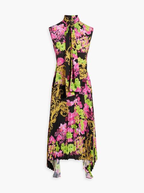 VERSACE Printed plissé crepe de chine midi dress