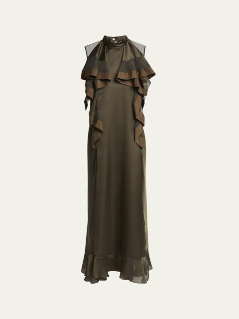 Ruffle Front Satin Maxi Dress