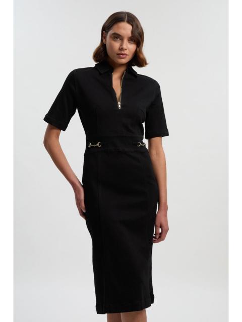 KAREN MILLEN Stretch Denim Snaffle Trim Collared Midi Dress