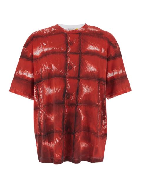 Moncler Moncler Genius Men Red Crewneck T-Shirt With Quilted Effect Graphic Print On The Front And Logo Lett