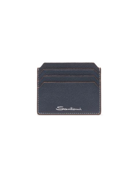 Santoni Blue tumbled leather credit card holder