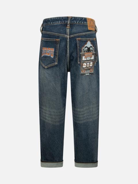 EVISU Washed Logo and Godhead Slot Coated Relax Fit Jeans