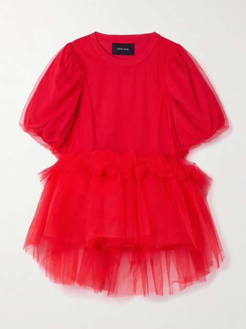 Layered ruffled cotton-jersey and tulle T-shirt Red