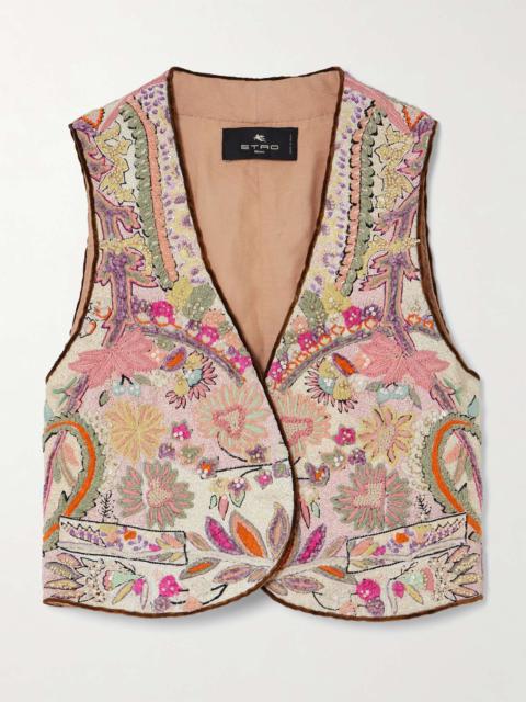 Cropped embellished linen-bouclé vest Pink