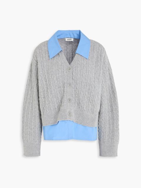 Sandro Layered poplin and cable-knit wool-blend cardigan