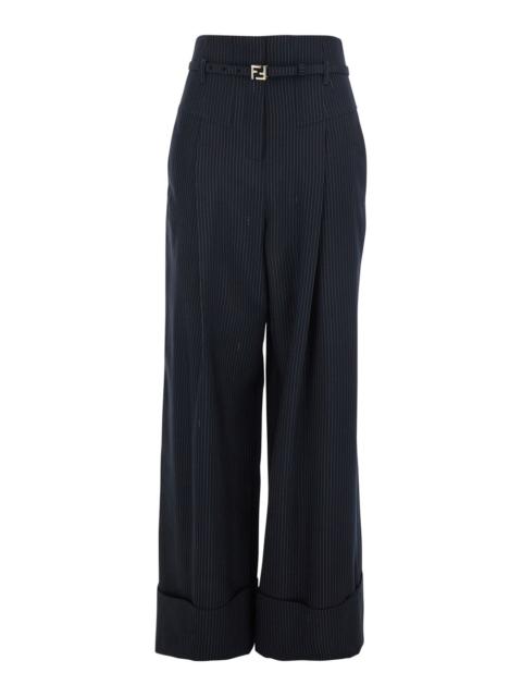 FENDI Fendi Women Blue Pants With Ff Buckled Belt And Pinstripe Motif In Wool Blend Woman