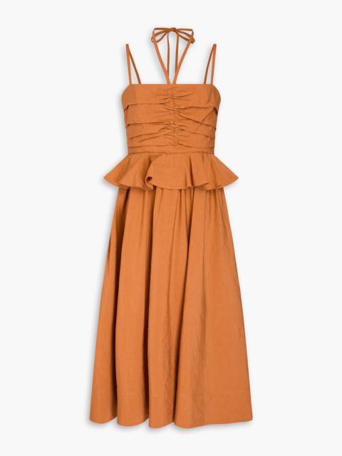 ULLA JOHNSON Anastasia ruched cotton, linen and silk-blend midi dress