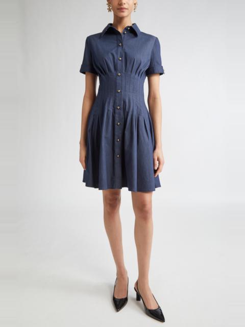 CAROLINA HERRERA Carolina Herrera Pintuck Waist Stretch Denim Shirtdress in Dark Navy at Nordstrom