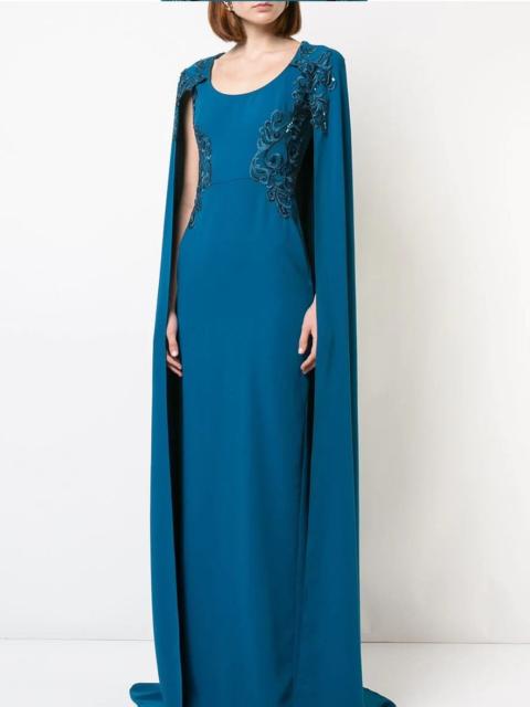 Marchesa CREPE CAPED GOWN WITH EMBROIDERY