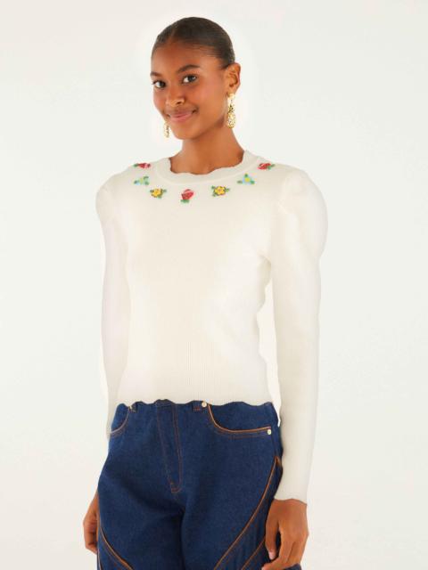 FARM RIO Off-White Flower Embroidery Knit Top