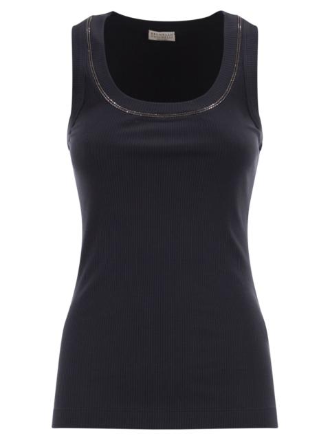 Brunello Cucinelli Brunello Cucinelli Women Sleeveless Ribbed Top In Stretch Cotton With Jewelled Trim