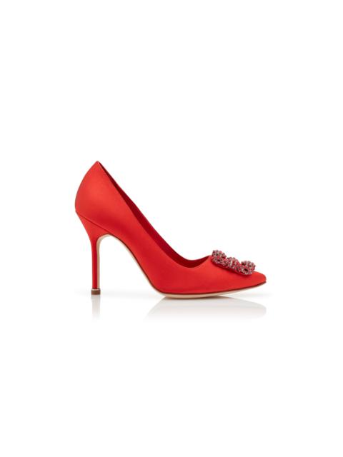 Manolo Blahnik Red Satin Jewel Buckle Pumps