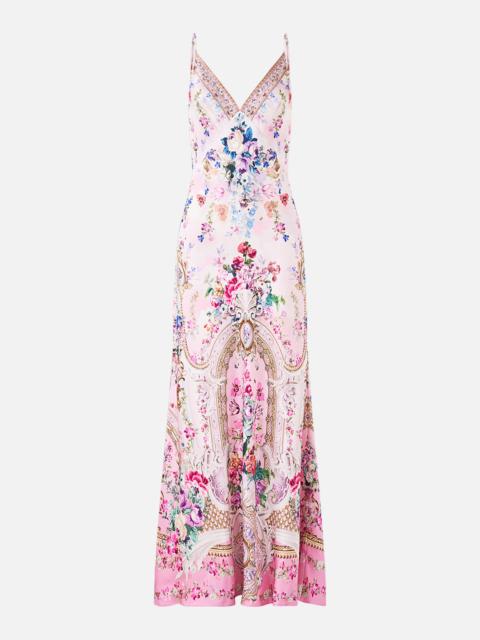 CAMILLA V-NECK LONG BIAS SLIP DRESS WITH TRAIN