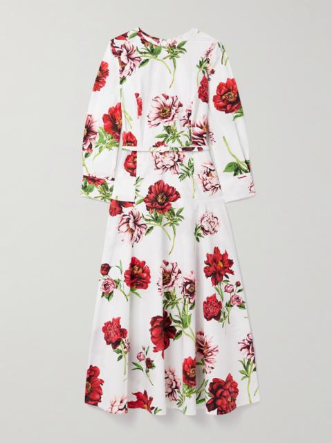 Oscar de la Renta Belted Floral-print Cotton-blend Poplin Midi Dress